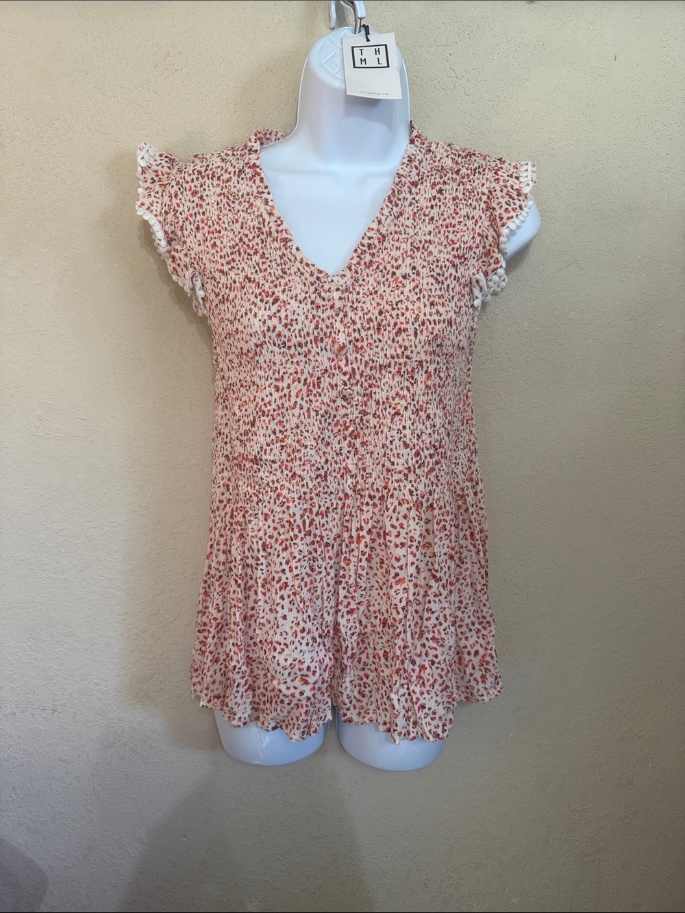 THML Pink Floral V-Neck Ruffled Sleeve Blouse